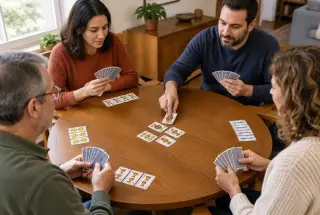 Quatro adultos jogam sueca em duplas ao redor de uma mesa, com cartas organizadas e uma vaza no centro.