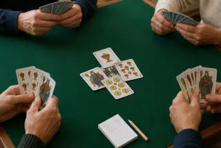 Mesa de Sueca com cartas de uma vaza, ás e sete visíveis, e uma folha simples para registrar a pontuação.